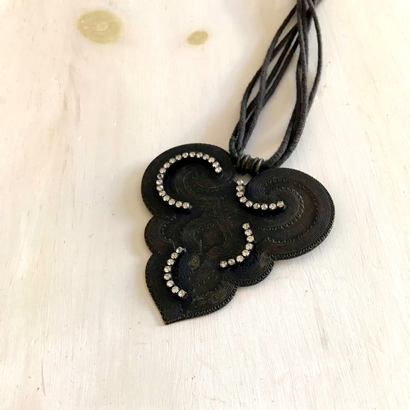 Black Soutache Pendant Necklace Large Pendant With Rhinestones Statement - Picture 2 of 9